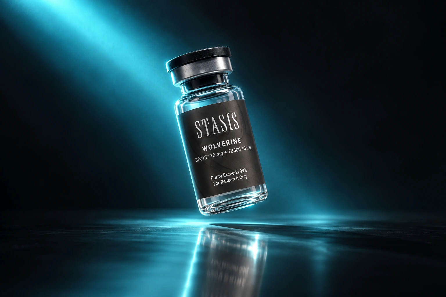 Stasis Wolverine vial suspended in a diagonal cyan light beam