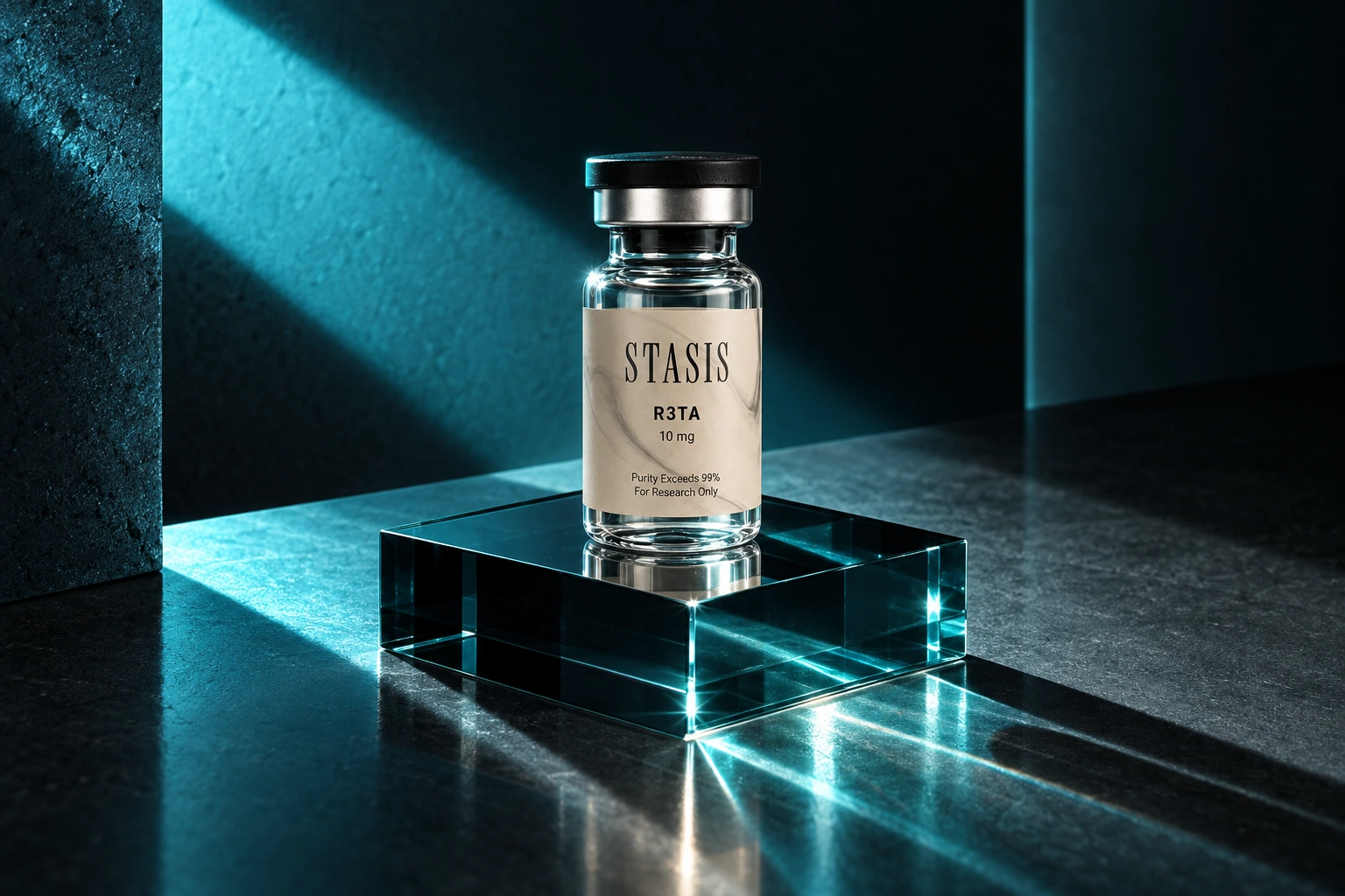 Stasis R3TA vial on a glass pedestal with cyan refraction