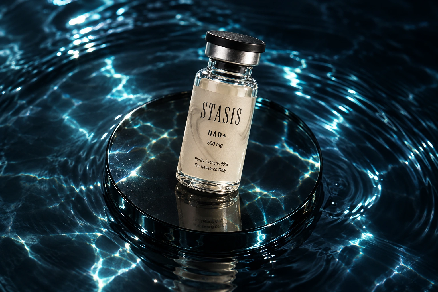 Stasis NAD+ vial on a dry glass platform surrounded by water reflections