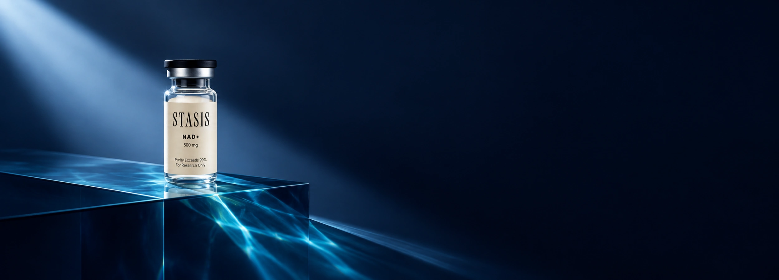Stasis NAD+ vial on a cyan-lit glass ledge