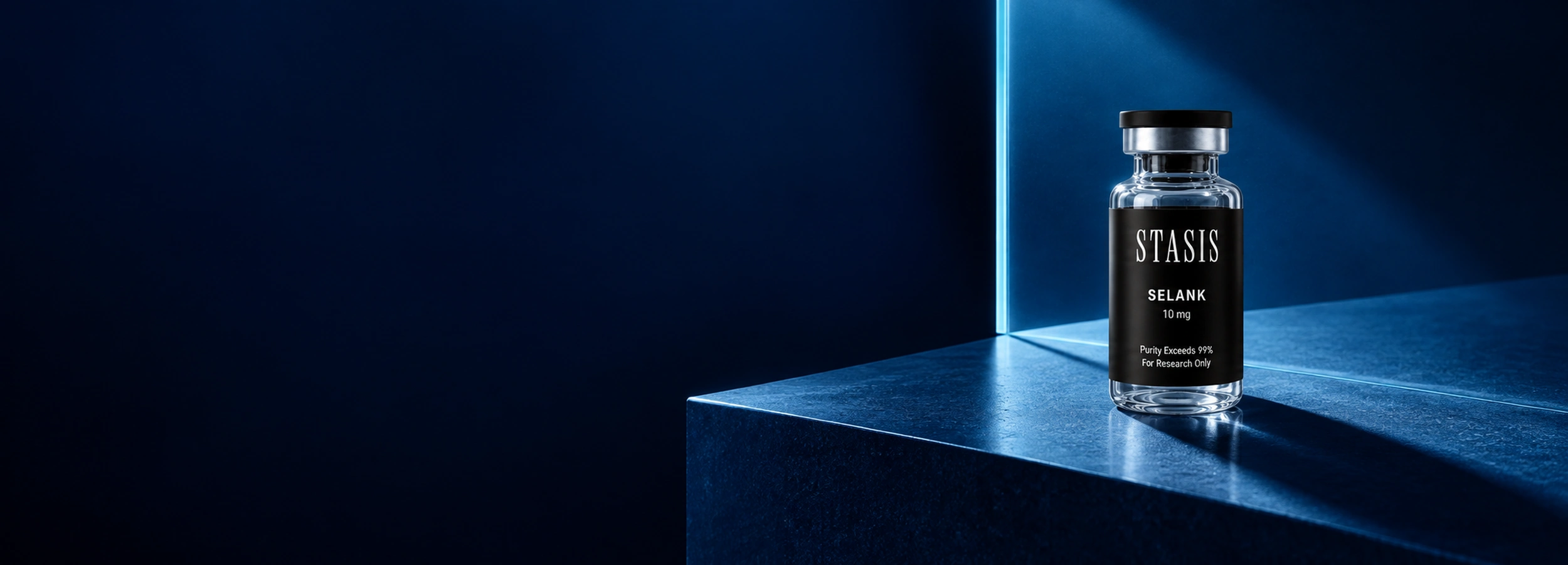 Stasis Selank vial on a blue architectural plinth